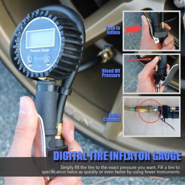 Digital Tire Inflator with Pressure Gauge, 250 PSI Air Chuck and Compressor Accessories Heavy Duty