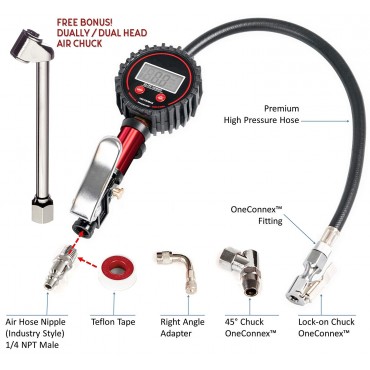 LCD Digital Tire Inflator with Pressure Gauge | 150 PSI (0.1 Res) | Interchangeable Air Chuck | Pneumatic Inflators & Gauges 