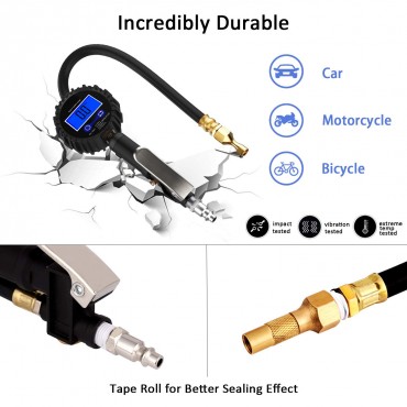 Tire Pressure Gauge Inflator Deflator Digital with 235 PSI Compressor Accessories Heavy Duty Brass Air Chuck Valve Set