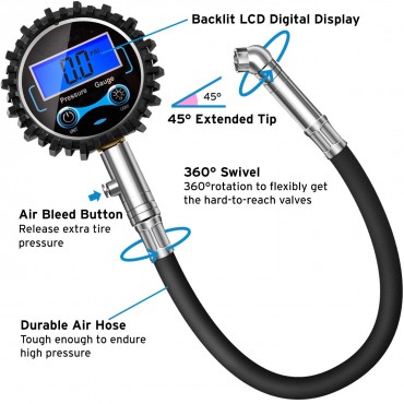 Digital Tire Pressure Gauge 230 PSI with Backlit LCD Display Air Bleed & Rubber Hose for Truck, SUV, RV, Motorcycle