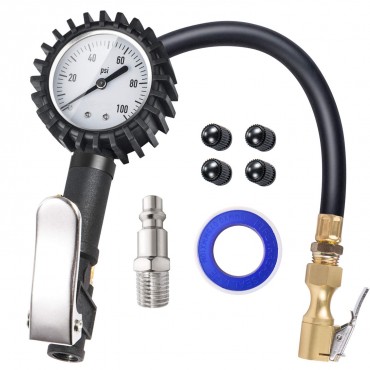 Tire Inflator with Pressure Gauge, 100 PSI Air Chuck Compressor Accessories Mechanical Heavy Duty with Rubber Hose