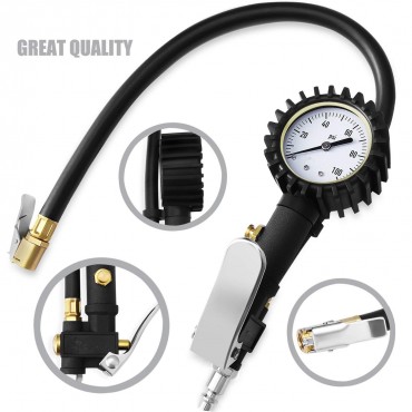 Tire Inflator with Pressure Gauge, 100 PSI Air Chuck Compressor Accessories Mechanical Heavy Duty with Rubber Hose