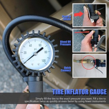 Tire Inflator with Pressure Gauge, 100 PSI Air Chuck Compressor Accessories Mechanical Heavy Duty with Rubber Hose